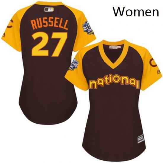 Womens Majestic Chicago Cubs 27 Addison Russell Authentic Brown 2016 All Star National League BP Cool Base MLB Jersey
